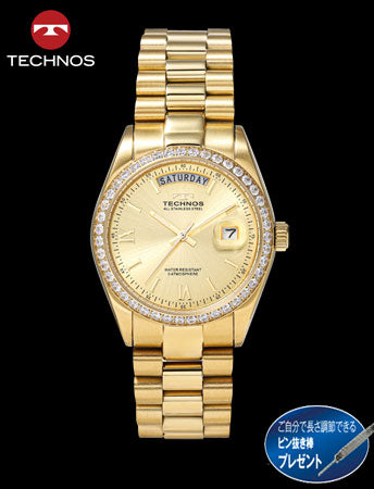 TECHNOS（テクノス）クリスタルベゼルデイデイト（ゴールドｘシャンパン）(23-0667）[メンズ]